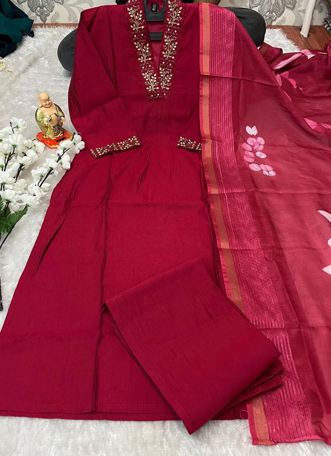 Pure Muslin Pink Festival Wear Hand Work Readymade Straight Suit